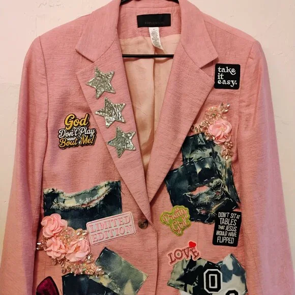 Pretty in Pink Size 16 blazer with patches - thrifted, dry cleaned and designed! - Picture 1 of 5